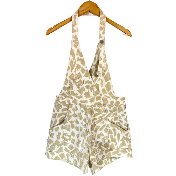 Maeve Anthropologie Gardeners Apron Shortalls Sz 10 Giraffe Print Beige Overall - Picture 4 of 10